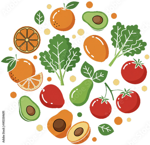 Circle of colorful organic fruits and vegetables.