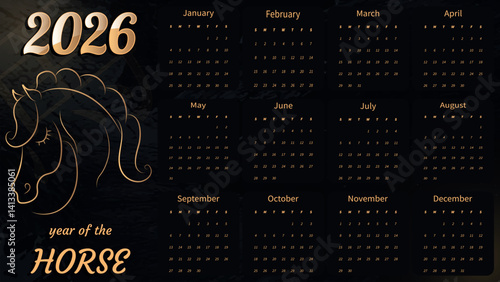 Horse calendar for 2026. Calendar grid. The symbol of the New Year 2026. Ready-made design. Calendar template. The calendar is in restrained colors. Stylish calendar design