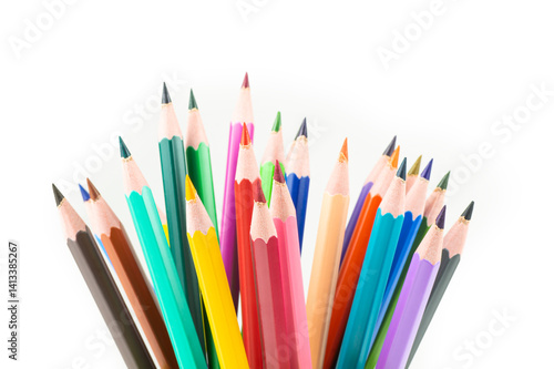 Crayons, colorful dry painting pencils isolated on white background, back to school art design