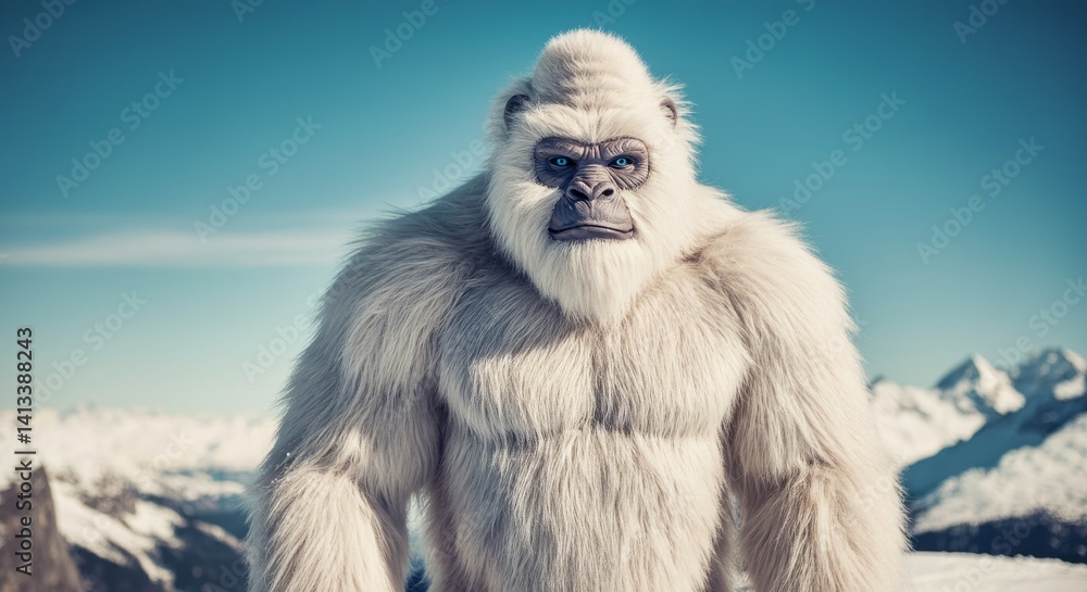 Naklejka premium Majestic yeti in snowy mountain landscape with clear blue sky