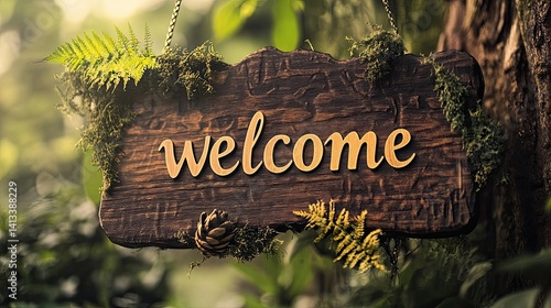 Rustic Wooden Welcome Sign Hanging in Lush Green Forest