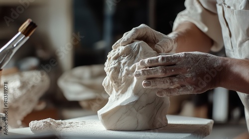 Artist sculpting a marble statue in a studio. Featuring sculpture work and artistic creation