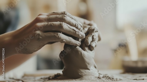 Artist sculpting clay into a figure in a studio. Featuring sculpting process and craftsmanship