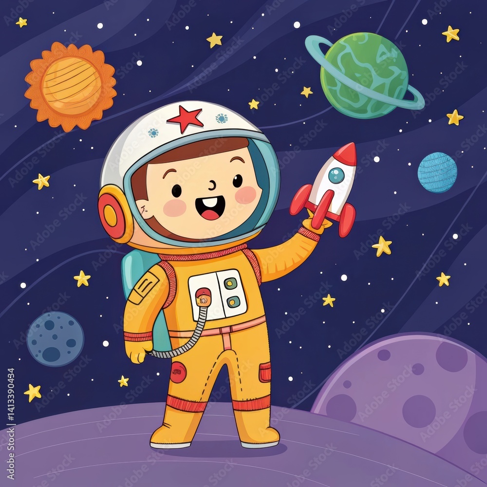 Naklejka premium Joyful space explorer mascot in an astronaut suit holding a rocket against a cosmic backdrop
