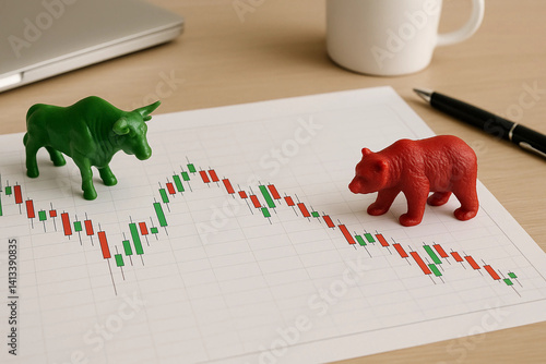 Stock Market Chart with Bull and Bear on Office Desk – Financial Analysis Concept