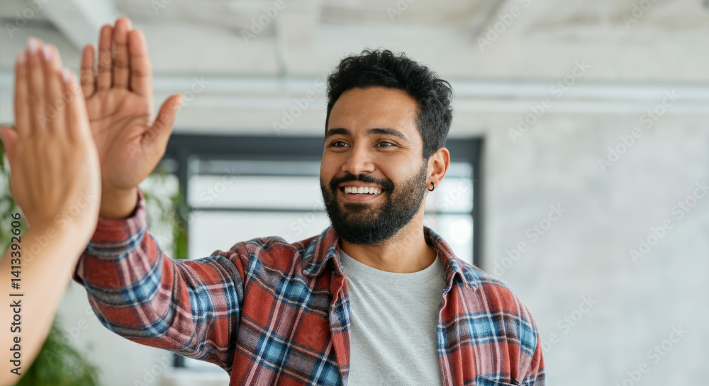 Fototapeta premium Smiling person in plaid shirt giving high-five indoors