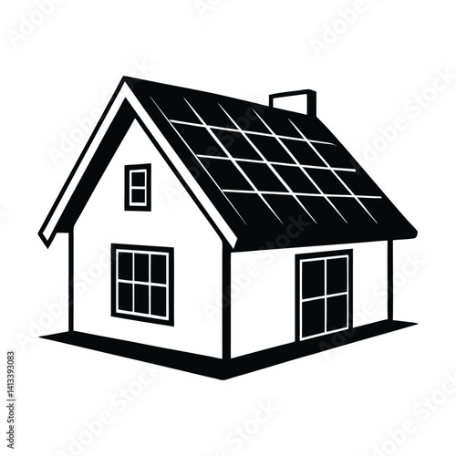 Farmhouse with Roof Solar Panels Silhouette