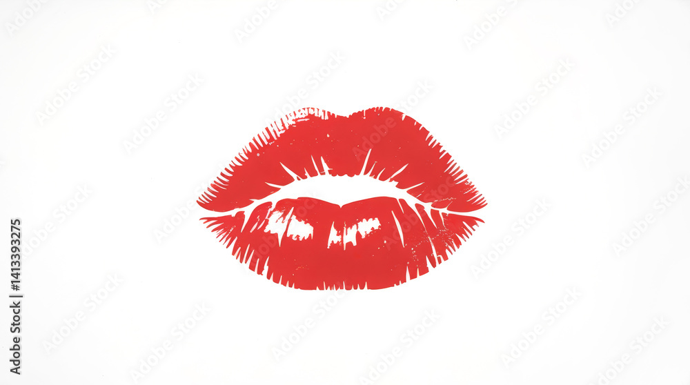 Detailed red lipstick print on white background for beauty and romantic themes Detailed red lipstick print on white background for beauty and romantic themes