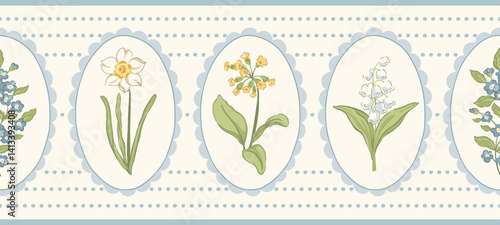 Delicate floral horizontal vector seamless border pattern with daffodil, primrose, lily of the valley, forget-me-not in cameo frames. Vintage spring garden cottagecore print