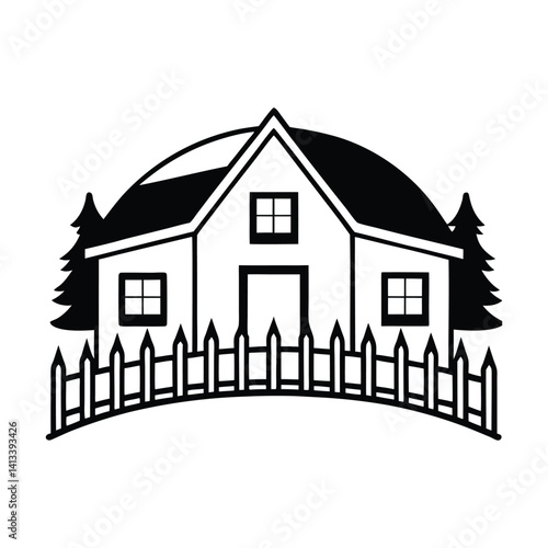 Farmhouse with Surrounding Trees Silhouette