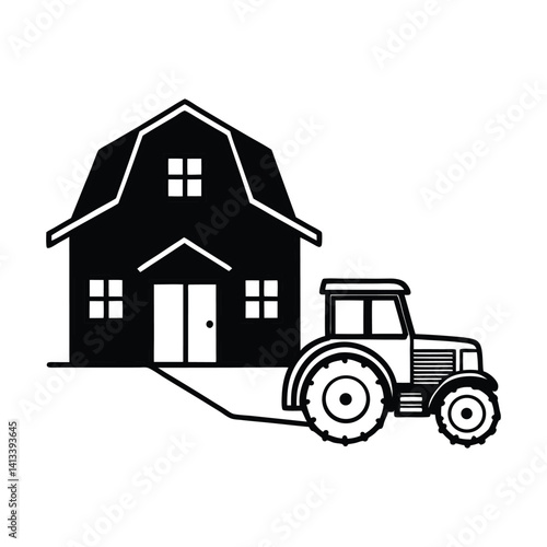 Farmhouse with Parked Tractor Silhouette
