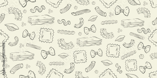 Hand-drawn seamless pattern with various Italian pasta. Designed for wrapping paper, packaging, fabric, and textile design. Vector illustration.