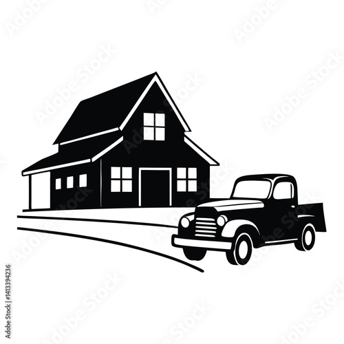 Farmhouse with Vintage Truck Silhouette