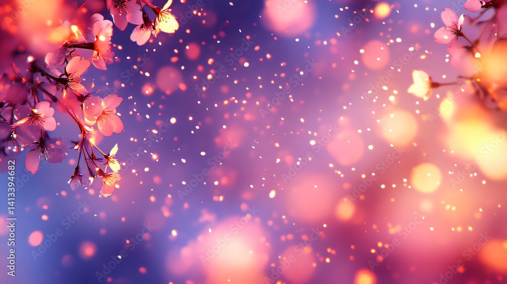Blooming Tree Twigs with Pink Flowers and Glowing Light Particles Blooming Tree Twigs with Pink Flowers and Glowing Light Particles