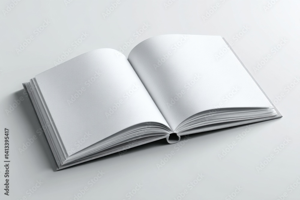 Open mockup book with light gray cover showcasing blank pages for design and layout presentation in a minimalist setting Open mockup book with light gray cover showcasing blank pages for design and layout presentation in a minimalist setting