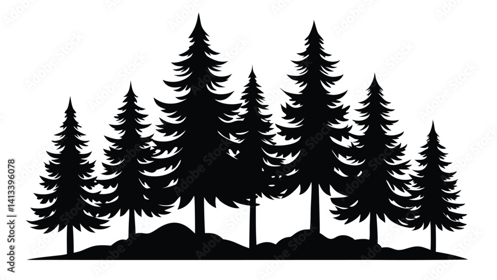 Obraz premium Fir trees silhouettes. Coniferous spruce horizontal background patterns, black evergreen woods vector illustration. Beautiful hand drawn panorama with treetops forest