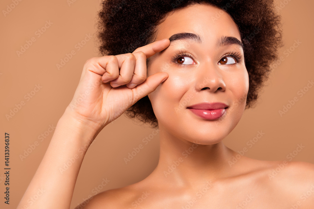 Naklejka premium Photo of tender gentle woman aesthetic cosmetology empty space promo isolated on beige color background