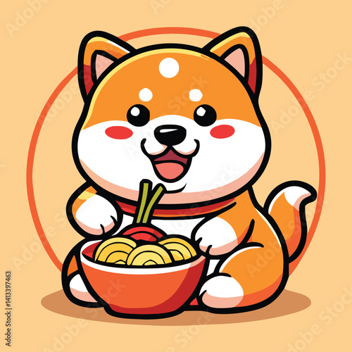 Cute Shiba Inu Dog Cartoon Enjoying Ramen Bowl Illustration Design