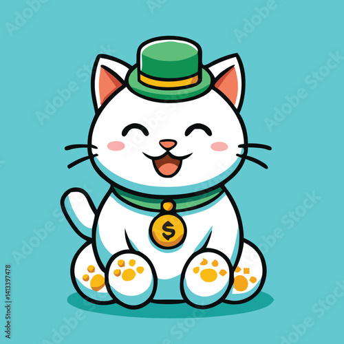 Lucky Cat Wearing Hat Illustration Cartoon Design For Mascot Or Logo
