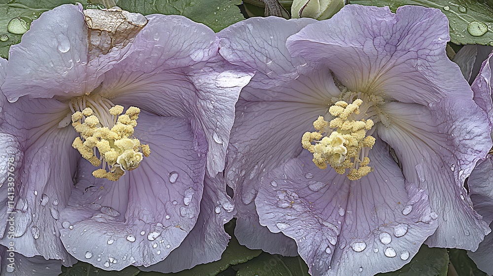 Delicate lavender blossoms, glistening with rain