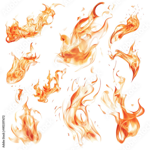 Dynamic collection of vivid and elegant fire flames in a bright, abstract design for creative uses, Elegant Fire Flames Vivid and Dynamic Isolated Elements on a transparent background