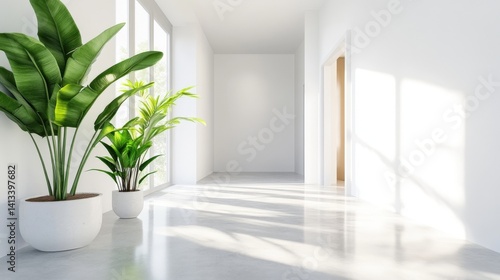 Minimalist White Room With Lush Green Plants