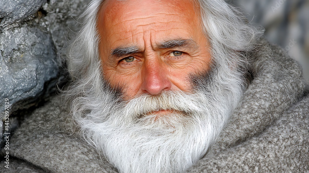 Close-up portrait of elderly man with long white beard Close-up portrait of elderly man with long white beard