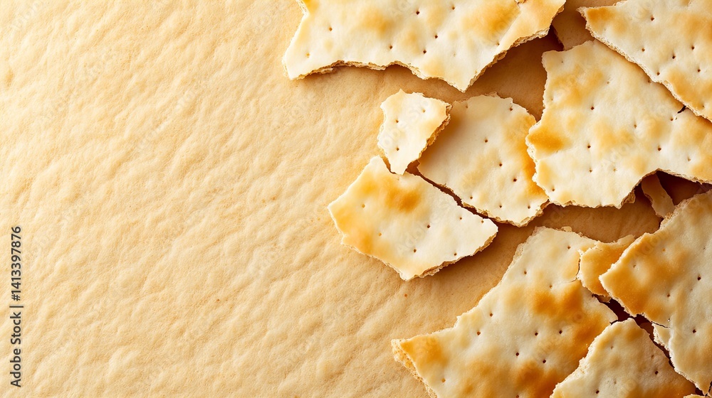 Cracker pieces are scattered on a textured beige surface showing their baked appearance and broken edges. Cracker pieces are scattered on a textured beige surface showing their baked appearance and broken edges.