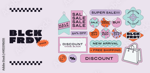 Set sale black friday stickers, patches, labels, tags for shopping. New collection of discounts. Vector set, trendy promo labels	
