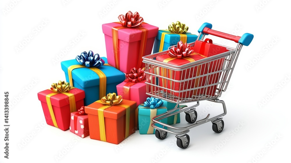 Festive purchases and celebrations are represented by a vibrant red shopping cart icon filled with a colorful gift box in a bright and vibrant design Festive purchases and celebrations are represented by a vibrant red shopping cart icon filled with a colorful gift box in a bright and vibrant design