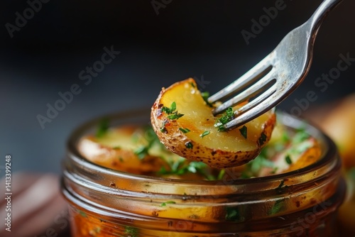 Close-up of delicious herb-roasted potatoes on fork