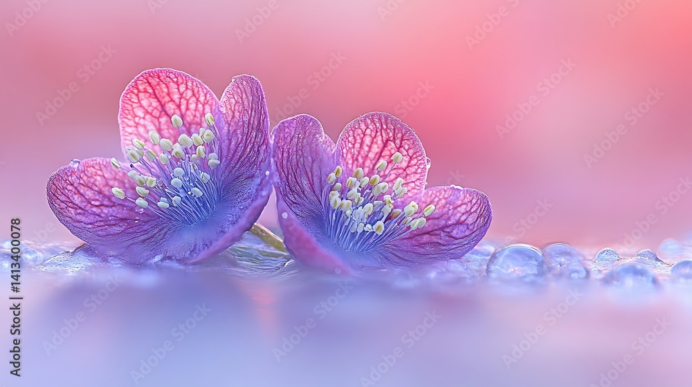 Delicate pink flowers, dew drops