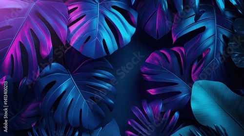 Tropical Monstera Leaf Arrangement in Neon Blue and Purple Lighting