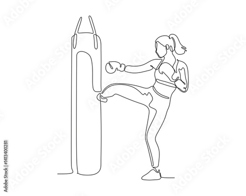 One line drawing of a woman in activewear kicking a punching bag. Minimalist vector art of female boxer or kickboxer training, ideal for sports, fitness, and martial arts designs.