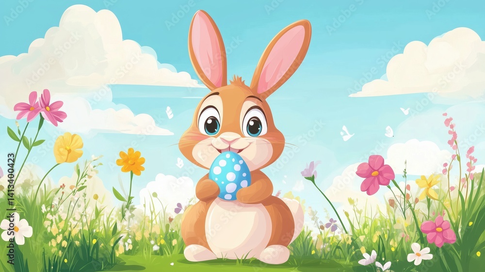 Fototapeta premium Easter bunny jumping in sunlit grass field
