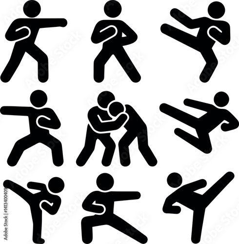 Martial Arts Techniques: A set of nine distinct martial arts fighting techniques depicted in black and white stick figures, showcasing a range of punches, kicks, and grappling holds.