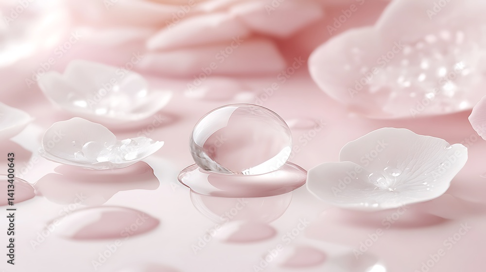 Delicate pink petals, water droplets, glass sphere