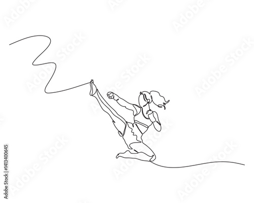 Continuous line drawing of a woman doing a high kick while kneeling in martial arts pose. Minimalist vector perfect for combat sports, fitness, or self defense concepts.