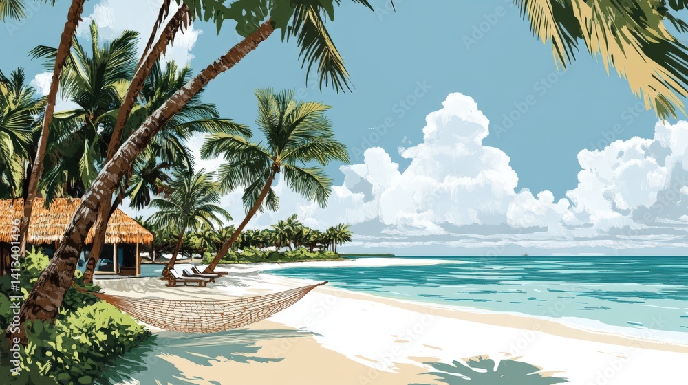 Fototapeta premium Tropical beach scene with thatched hut and hammock.