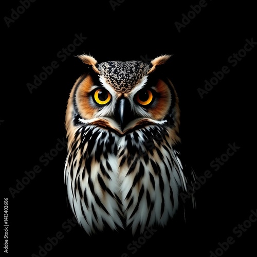 Wallpaper Mural Porträt einer realistisch gezeichneten Eule mit leuchtend gelben Augen auf schwarzem Hintergrund – geheimnisvoll und detailreich. Torontodigital.ca