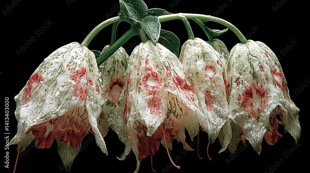 Delicate white flowers with red speckles, hanging elegantly