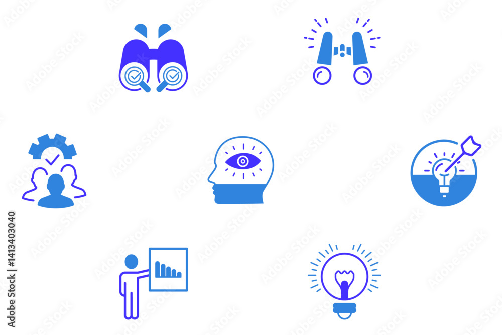 Vision flat icon set collection. Vector illustration of creative idea, team management, solution, brainstorming, invention etc. Vision icons for web and mobile Vision flat icon set collection. Vector illustration of creative idea, team management, solution, brainstorming, invention etc. Vision icons for web and mobile