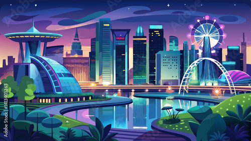 City of Singapore at night, downtown and river view