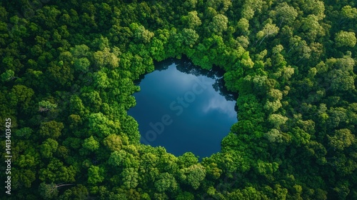 Fototapeta Naklejka Na Ścianę i Meble -  Environment and ecology concept, dense forest top down view with lake in the shape of the Earth, america continent, earth representing sustainability and eco friendly measures.