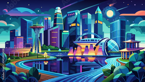 City of Singapore at night, downtown and river view