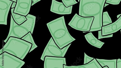 4 hand-drawn 2d transitions with bills of money that fall from above.Alpha channel with transparent background or green background to choose from