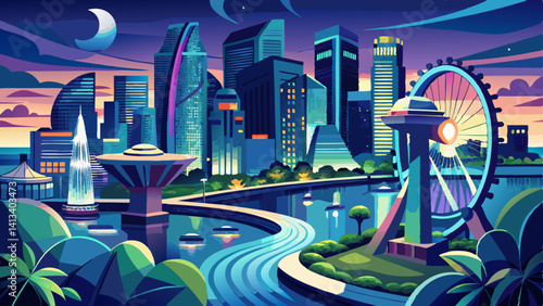 City of Singapore at night, downtown and river view