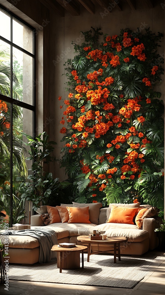 Fototapeta premium Cozy Living Room Phone Wallpaper – Floral Wall with Orange Blooms, Greenery & Beige Sofa | HD Vertical Mobile Background