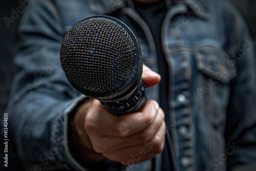 Press reporter, media coverage: microphone interview, news correspondent, field journalism, live update, broadcasting scene, investigative work, event report, journalist duty, breaking news,