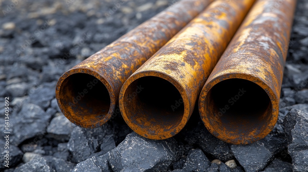 On the rocky ground, a pair of large industrial pipes with copper ends have been placed to rest On the rocky ground, a pair of large industrial pipes with copper ends have been placed to rest